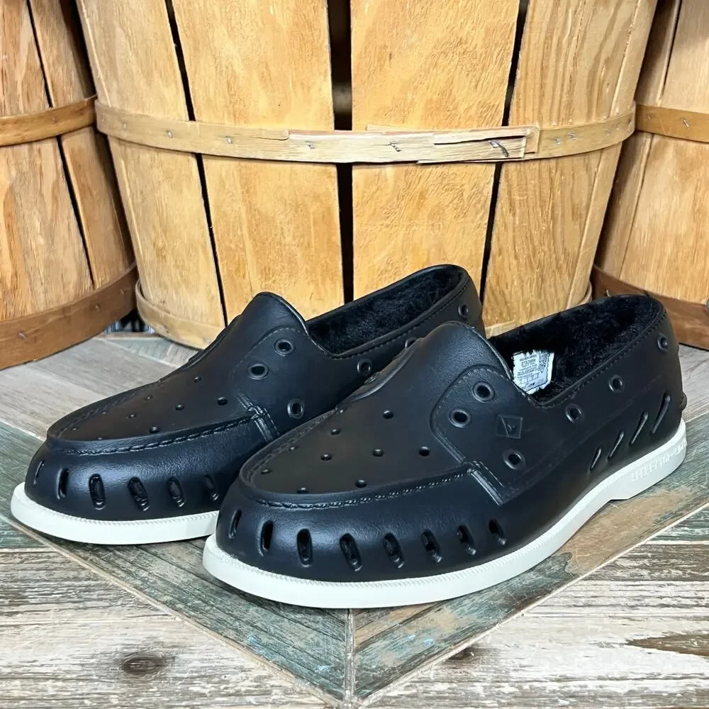 Sperry A/O Float Cozy Black Rubber Faux Fur Lined Slip-On Boat Shoes Men Size 10